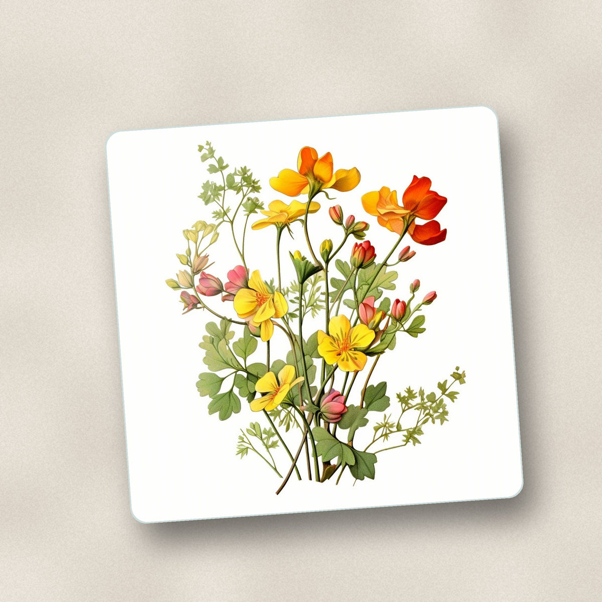 Close-up of one watercolour yellow wildflowers square glass coaster, flat UV print