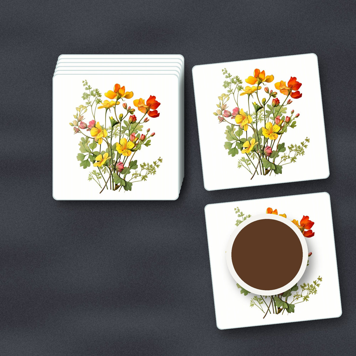 Watercolour Yellow Wildflowers square glass coasters stacked on a slate kitchen worktop
