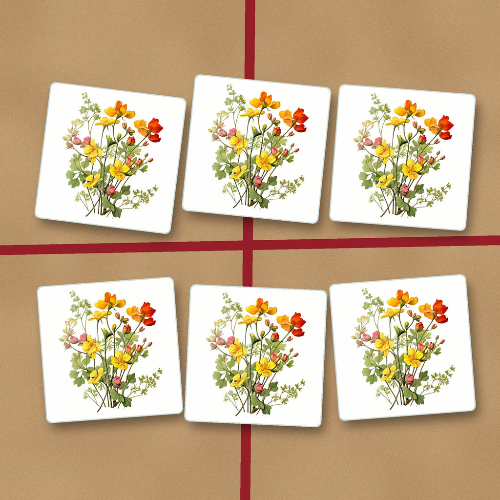 Watercolour Yellow Wildflowers square glass coasters on kraft gift wrap