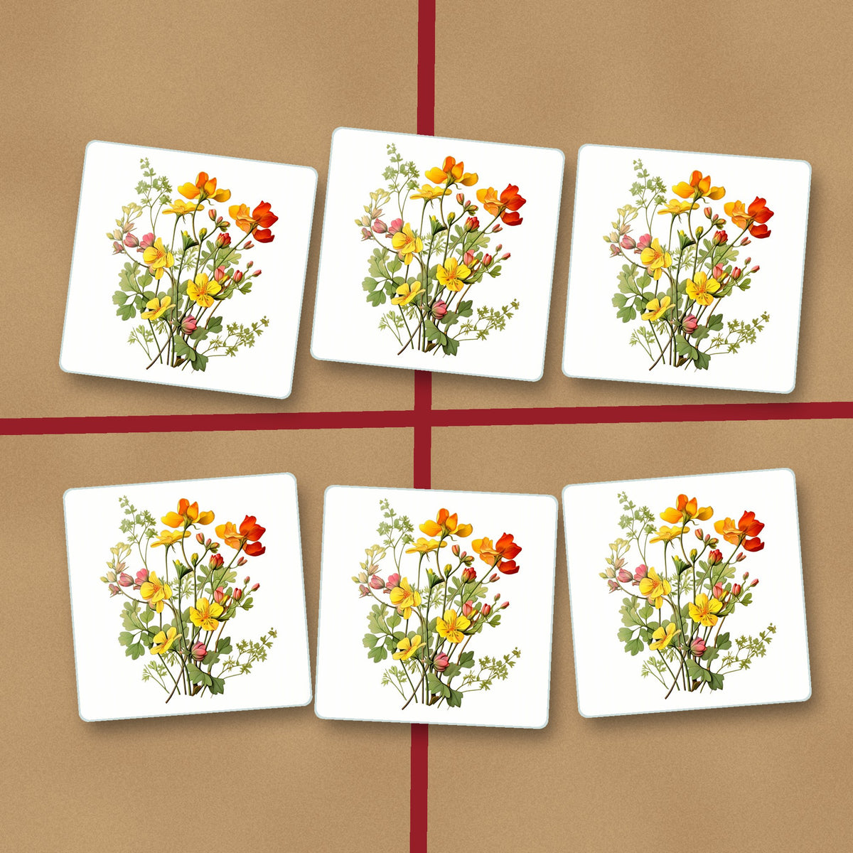 Watercolour Yellow Wildflowers square glass coasters on kraft gift wrap