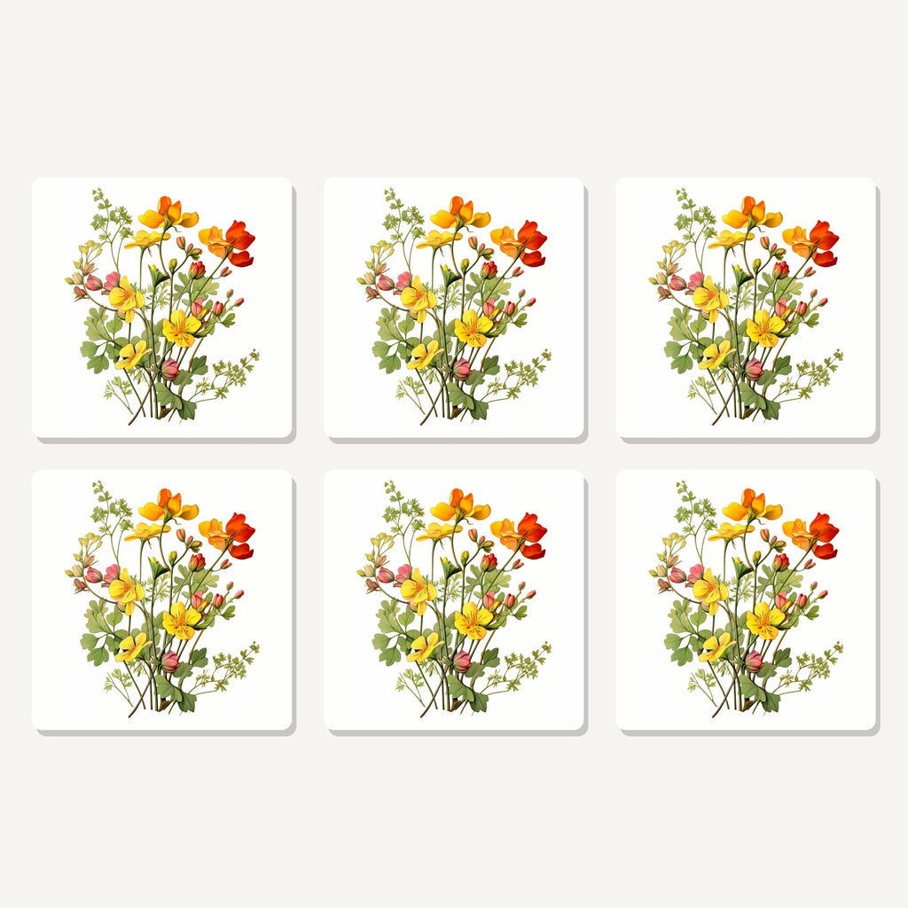Flat lay of the watercolour yellow wildflowers artwork on six square coasters