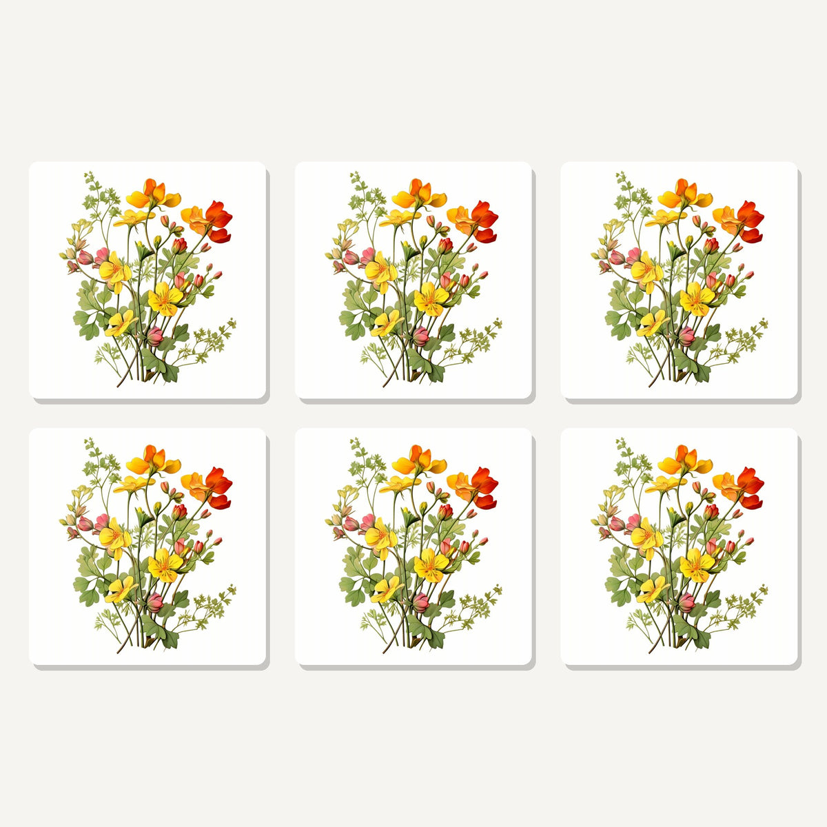 Flat lay of the watercolour yellow wildflowers artwork on six square coasters