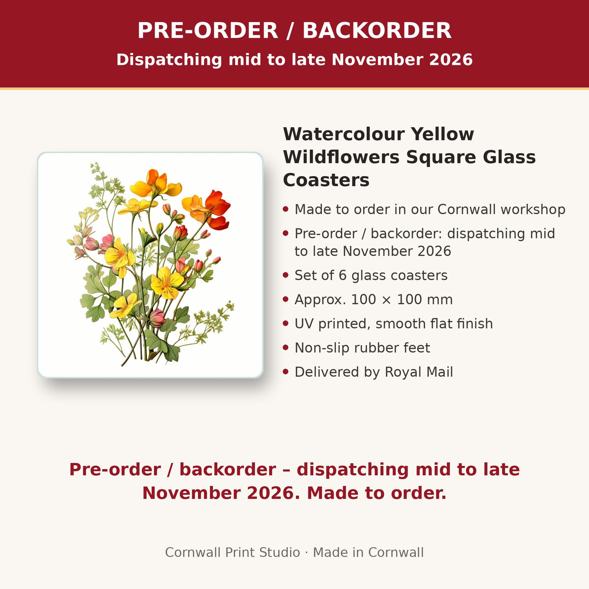 Info card: Watercolour Yellow Wildflowers Square Glass Coasters – Set of 6, made to order, dispatching mid to late November 2026, delivered by Royal Mail