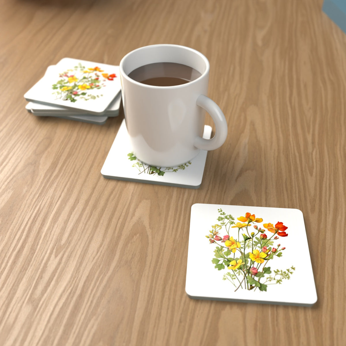 Watercolour Yellow Wildflowers Square Glass Coasters – Set of 6 – lifestyle mockup with a mug of coffee