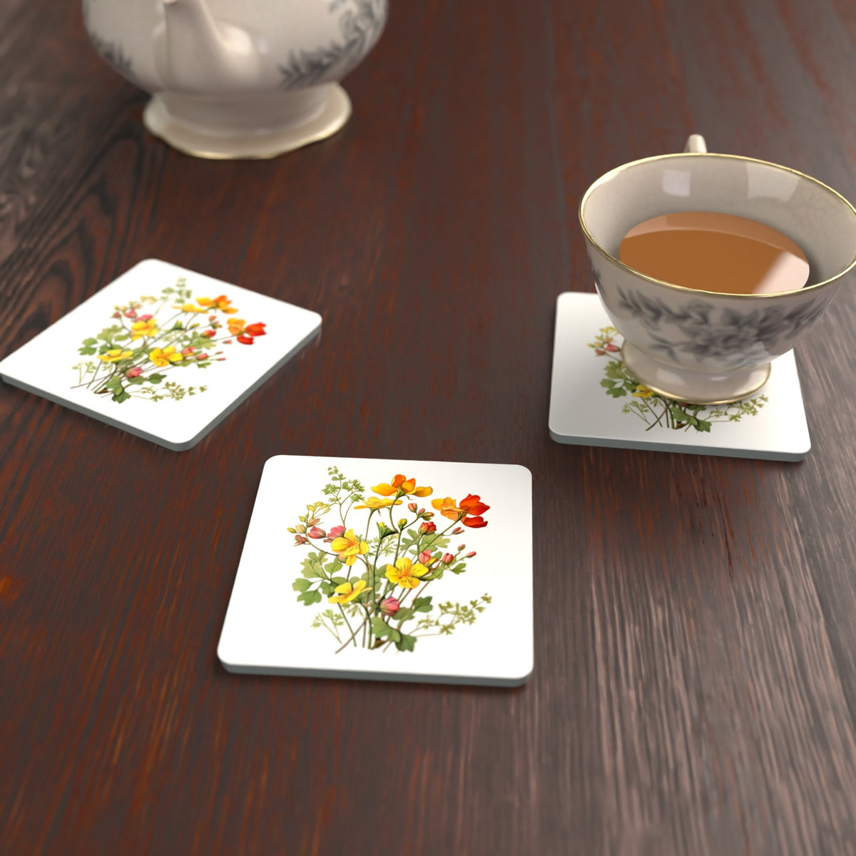 Watercolour Yellow Wildflowers Square Glass Coasters – Set of 6 – lifestyle mockup with a teacup