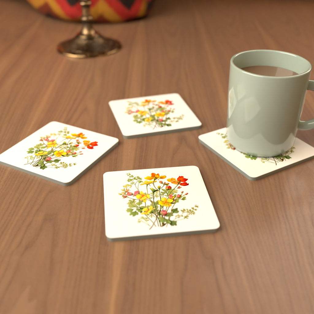 Watercolour Yellow Wildflowers Square Glass Coasters – Set of 6 – cosy lifestyle mockup