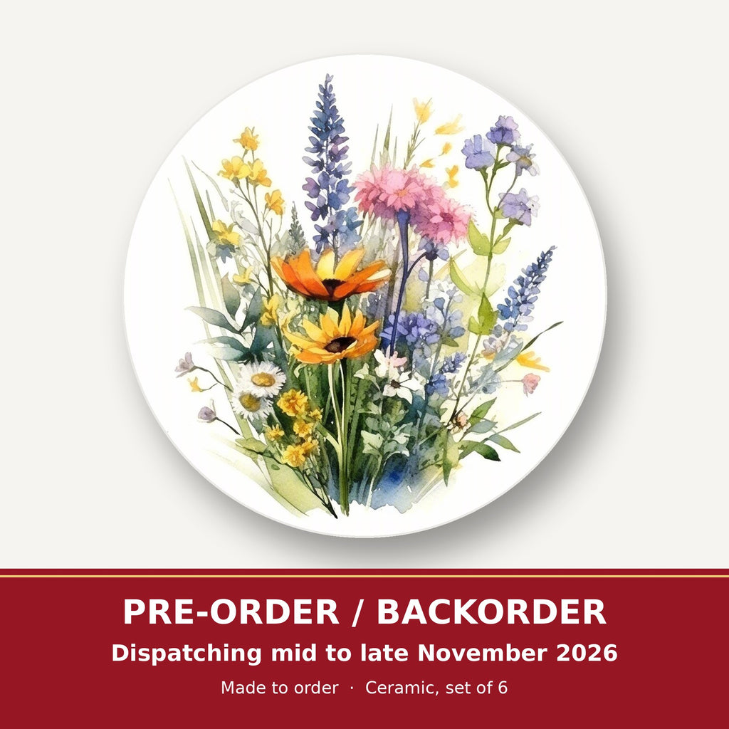 Watercolour Wildflower Posy round ceramic coaster set of 6 – pre-order / backorder, dispatching mid to late November 2026