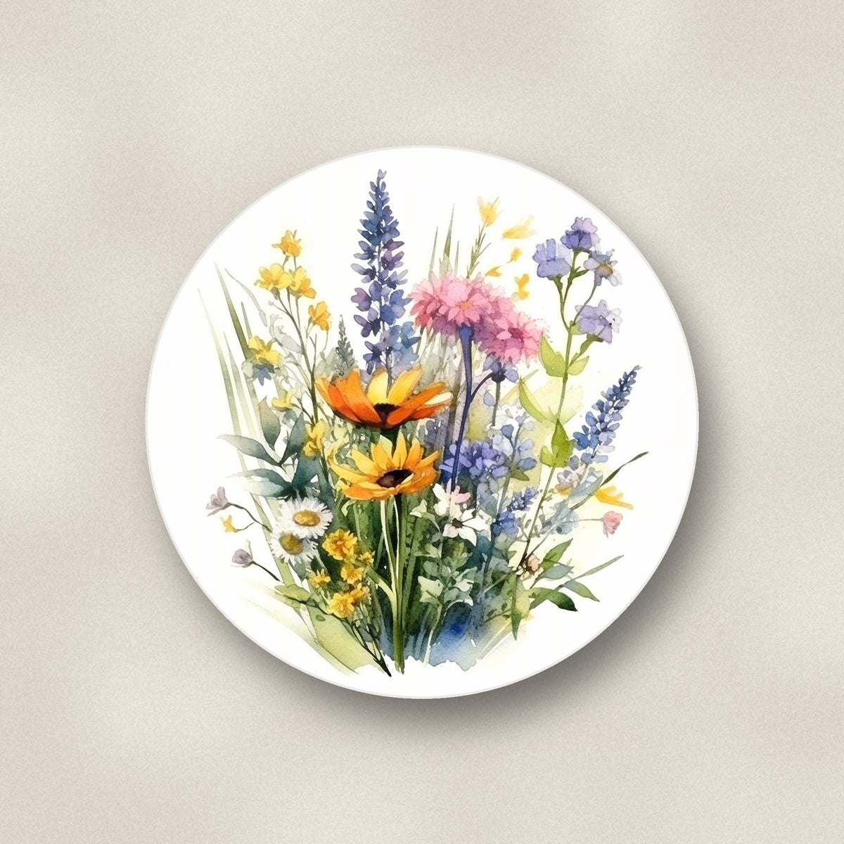 Close-up of one watercolour wildflower posy round ceramic coaster, flat UV print