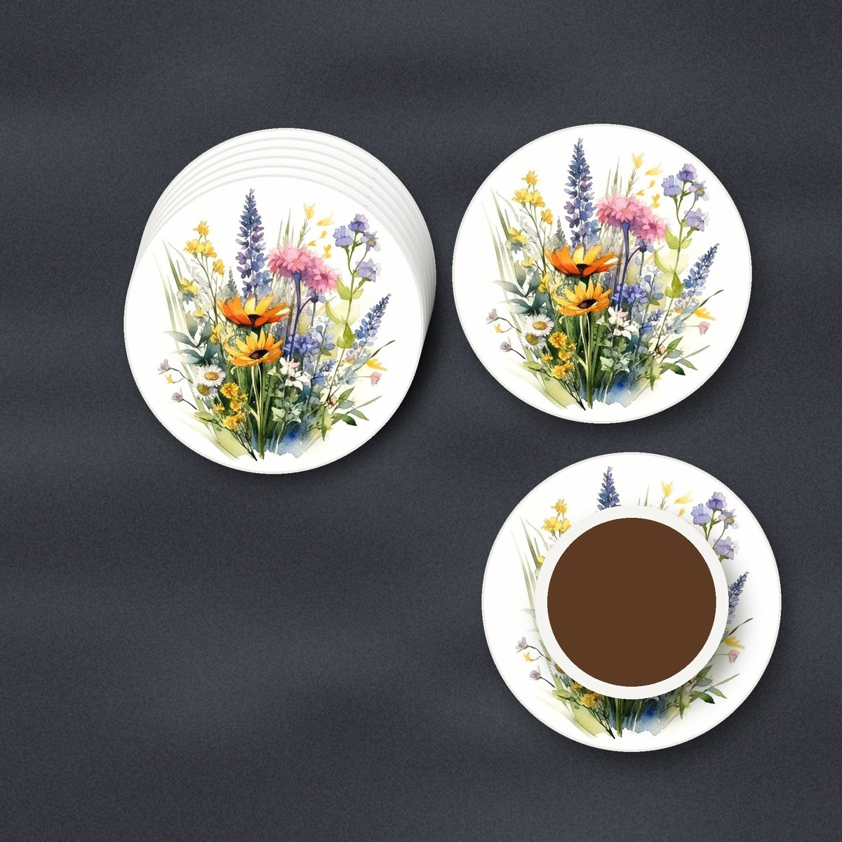 Watercolour Wildflower Posy round ceramic coasters stacked on a slate kitchen worktop