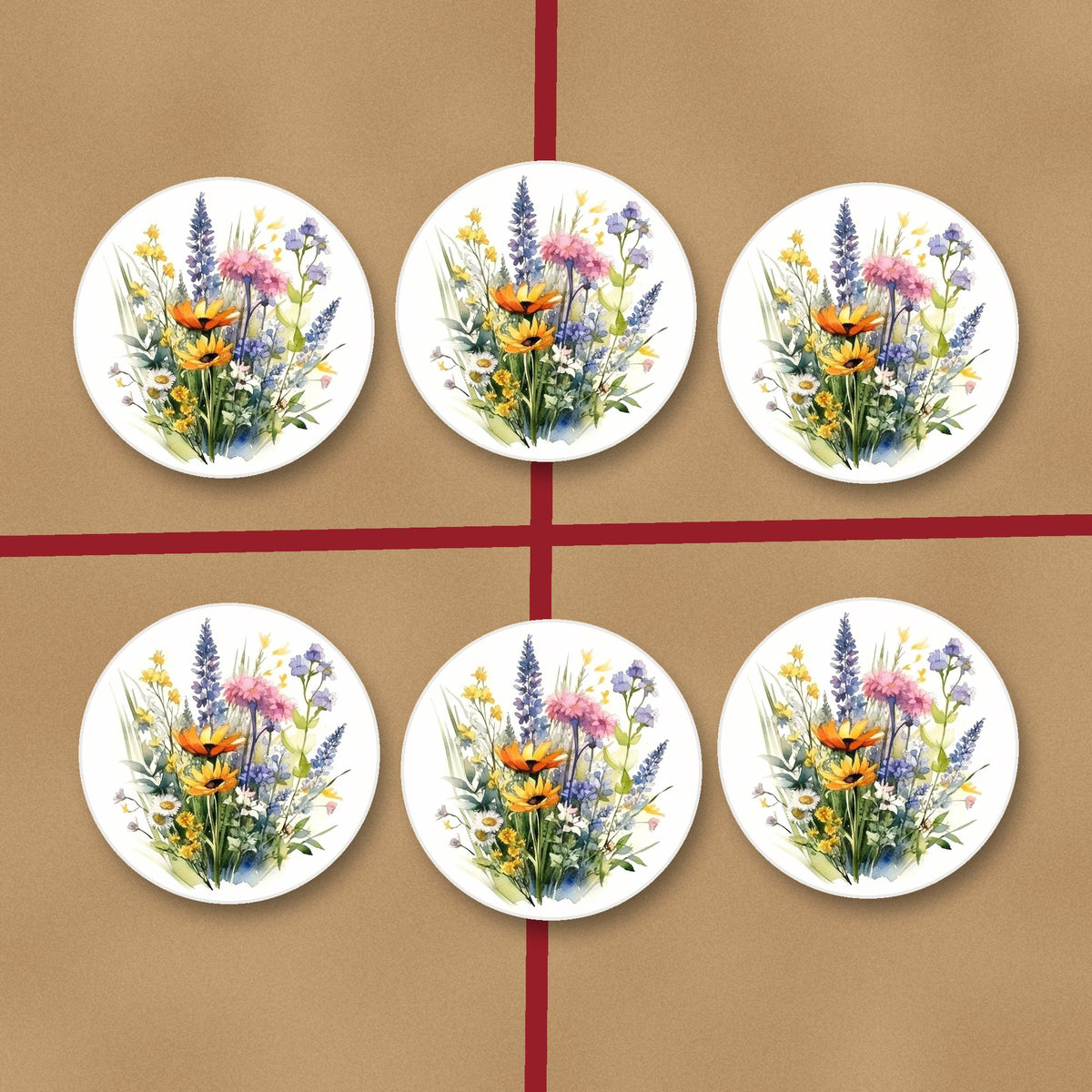 Watercolour Wildflower Posy round ceramic coasters on kraft gift wrap