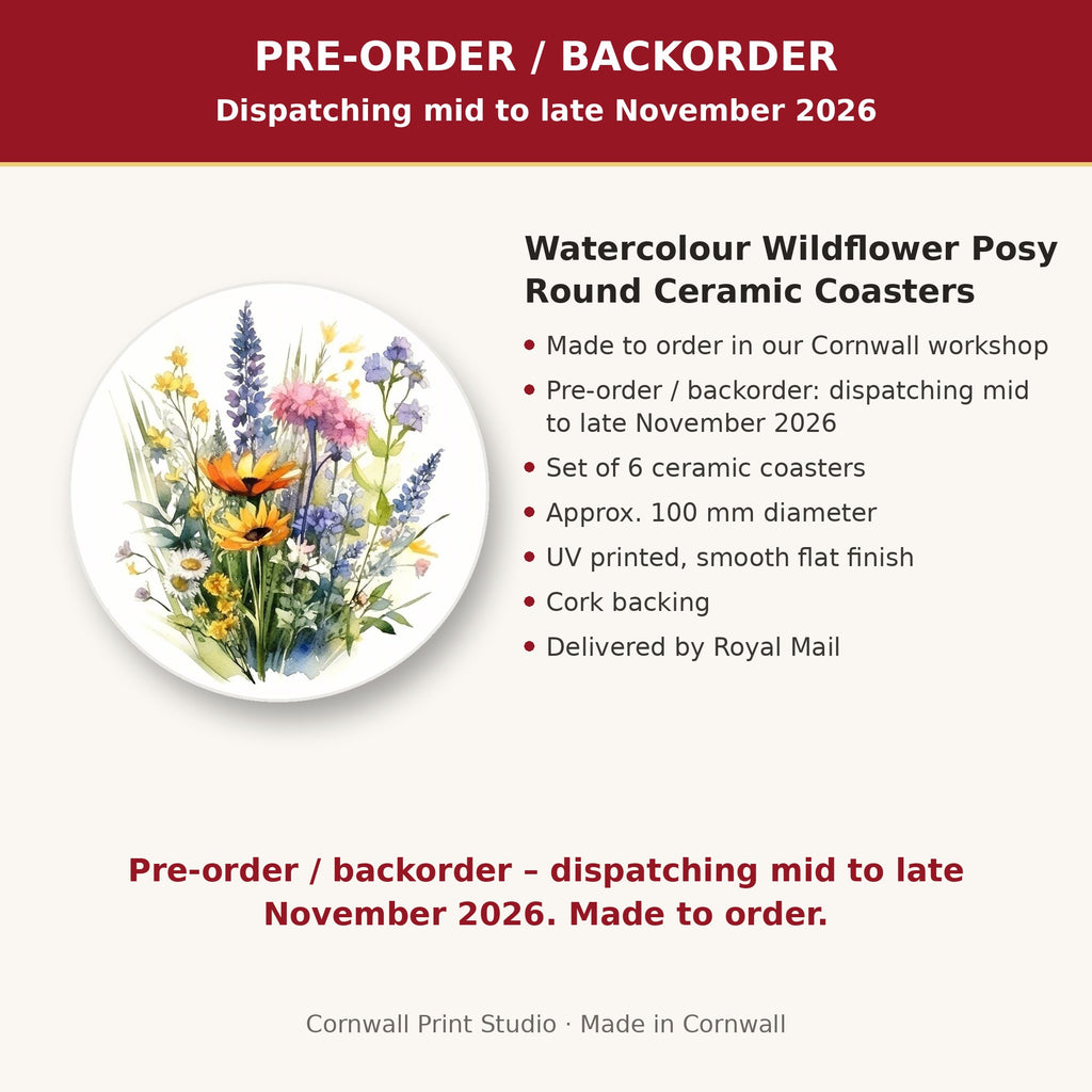 Info card: Watercolour Wildflower Posy Round Ceramic Coasters – Set of 6, made to order, dispatching mid to late November 2026, delivered by Royal Mail