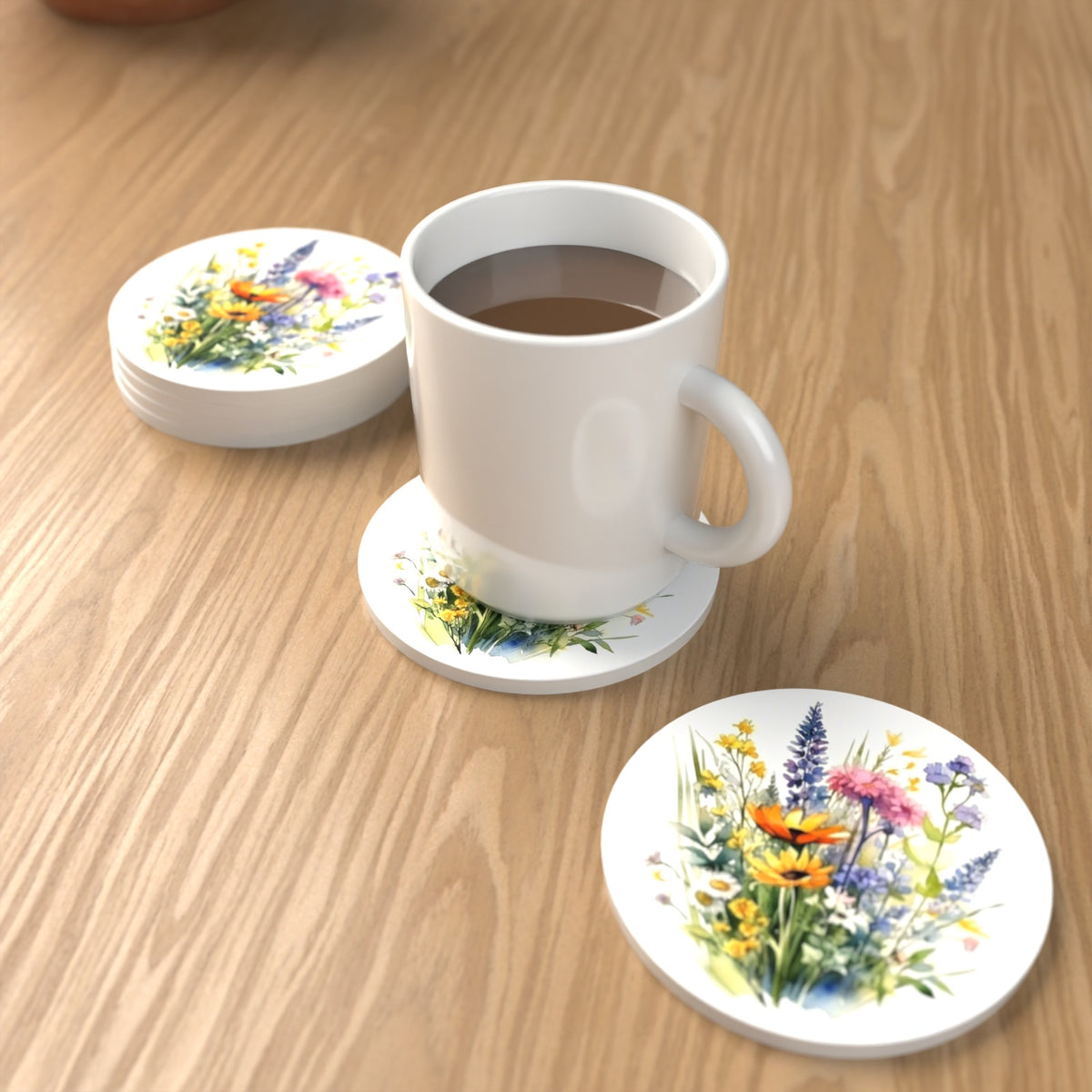 Watercolour Wildflower Posy Round Ceramic Coasters – Set of 6 – lifestyle mockup with a mug of coffee