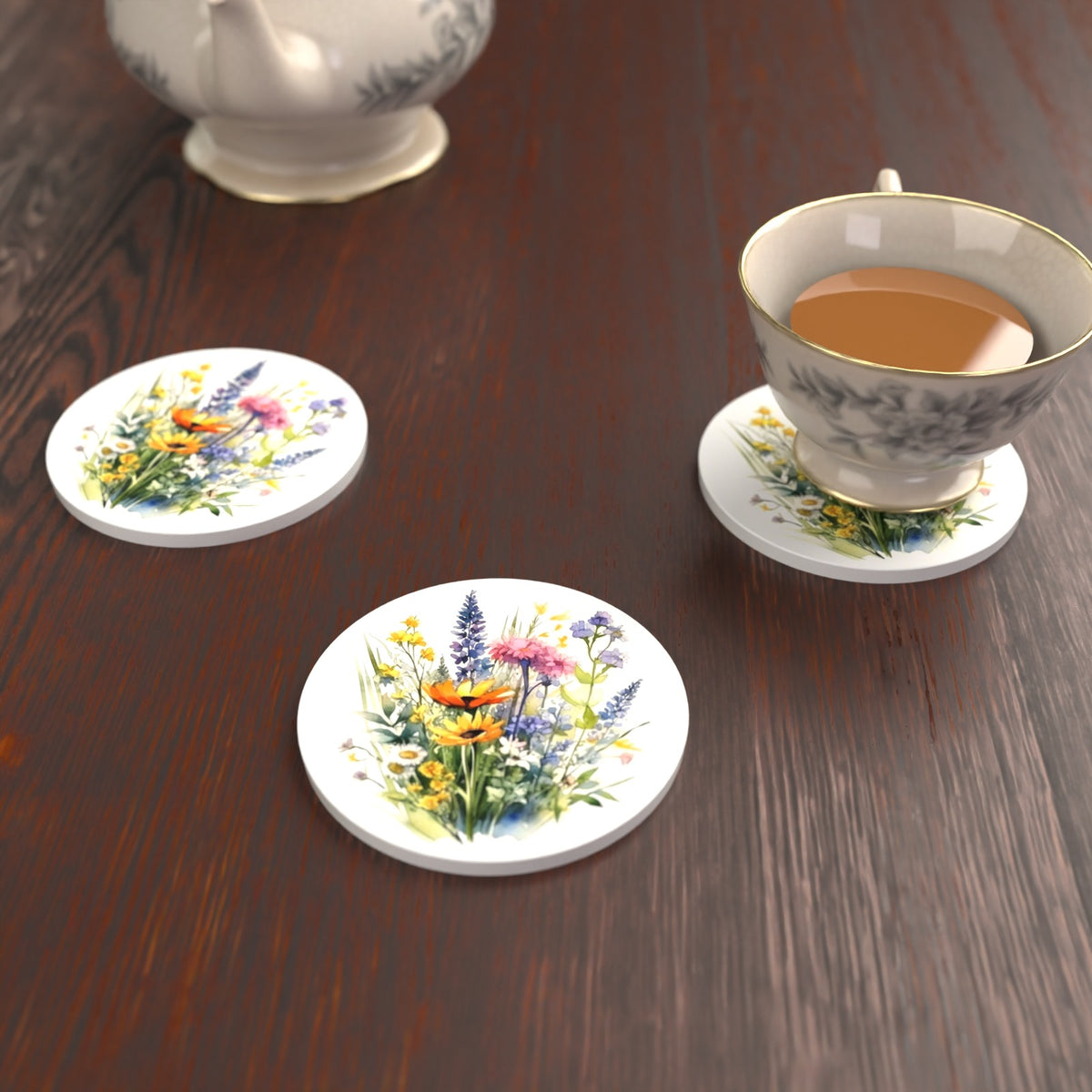 Watercolour Wildflower Posy Round Ceramic Coasters – Set of 6 – lifestyle mockup with a teacup