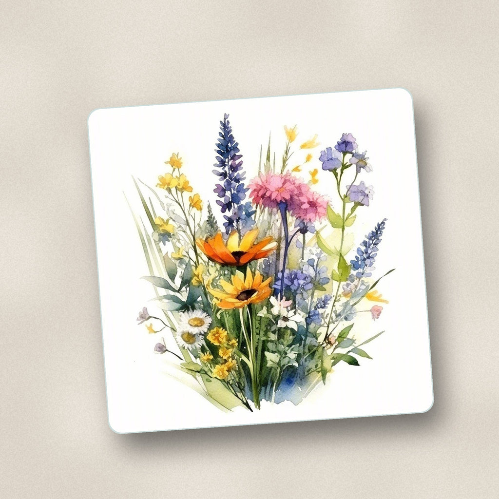 Close-up of one watercolour wildflower posy square glass coaster, flat UV print