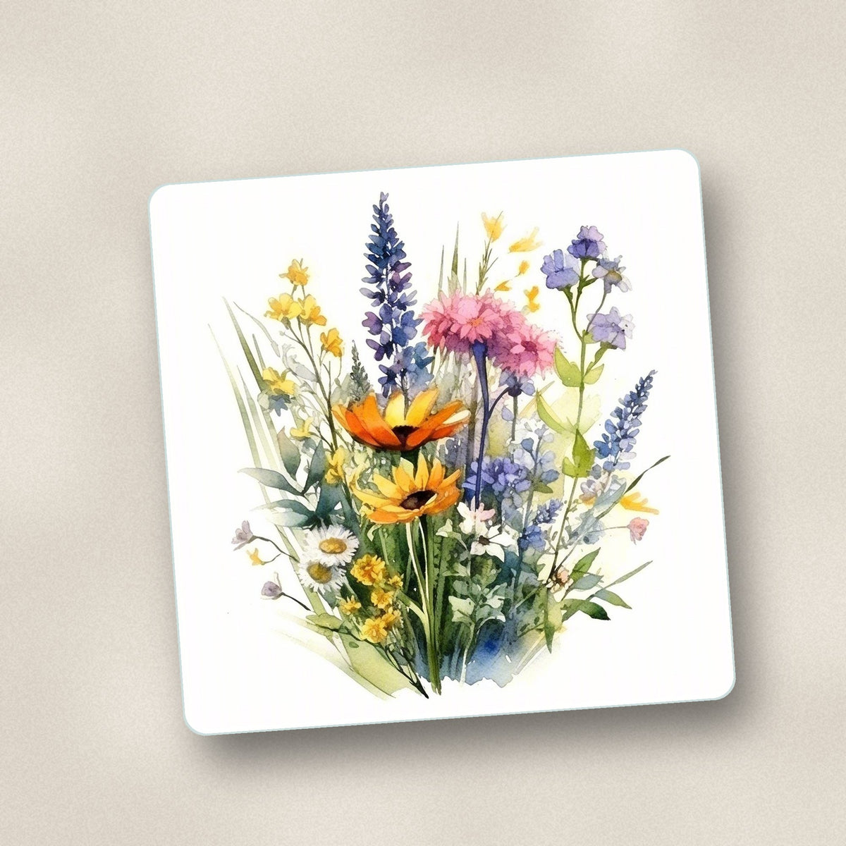 Close-up of one watercolour wildflower posy square glass coaster, flat UV print