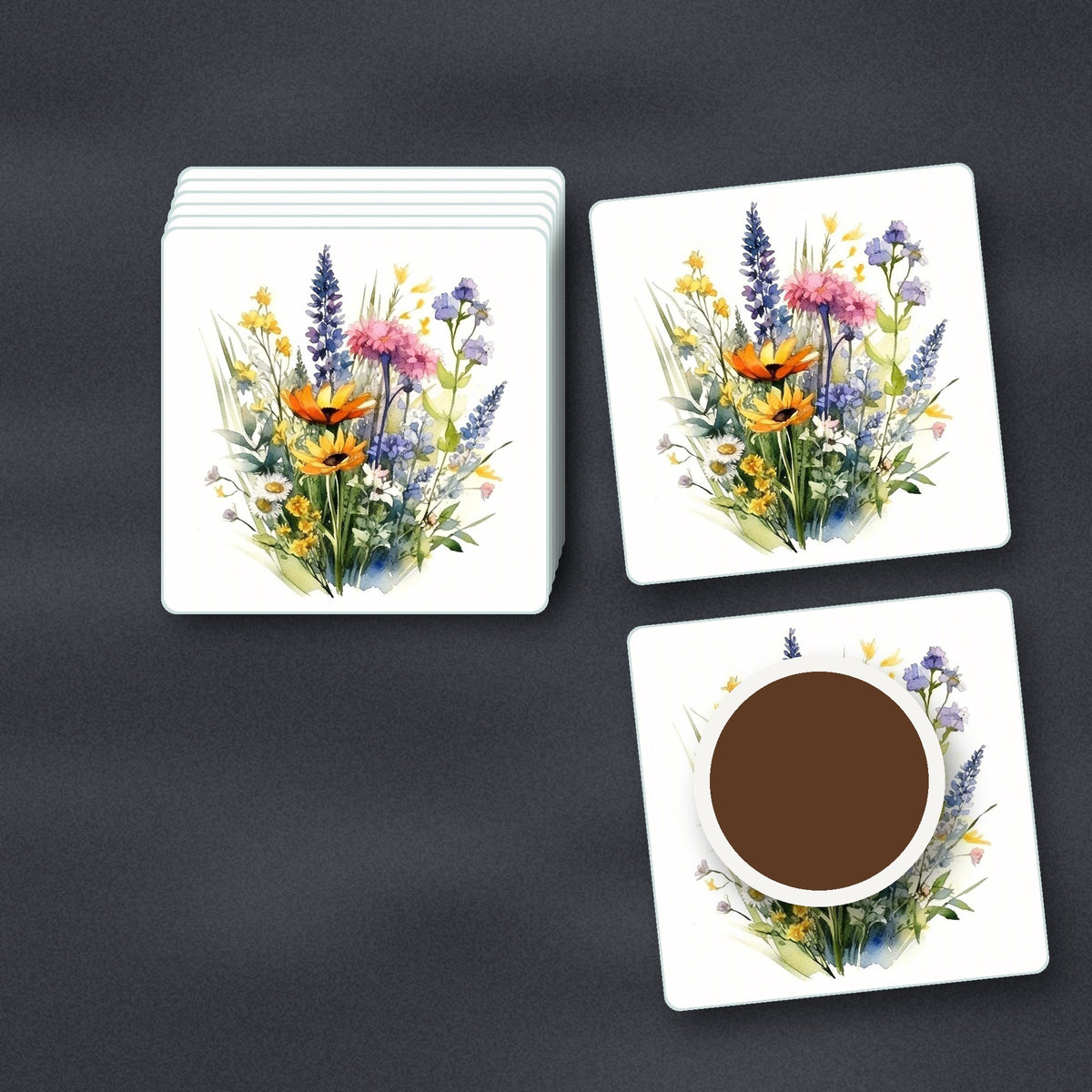 Watercolour Wildflower Posy square glass coasters stacked on a slate kitchen worktop