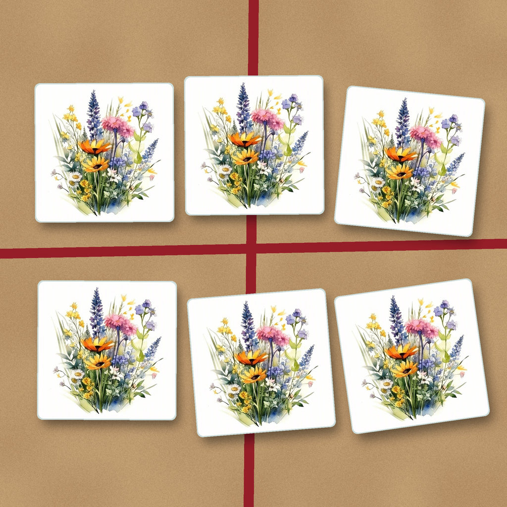 Watercolour Wildflower Posy square glass coasters on kraft gift wrap