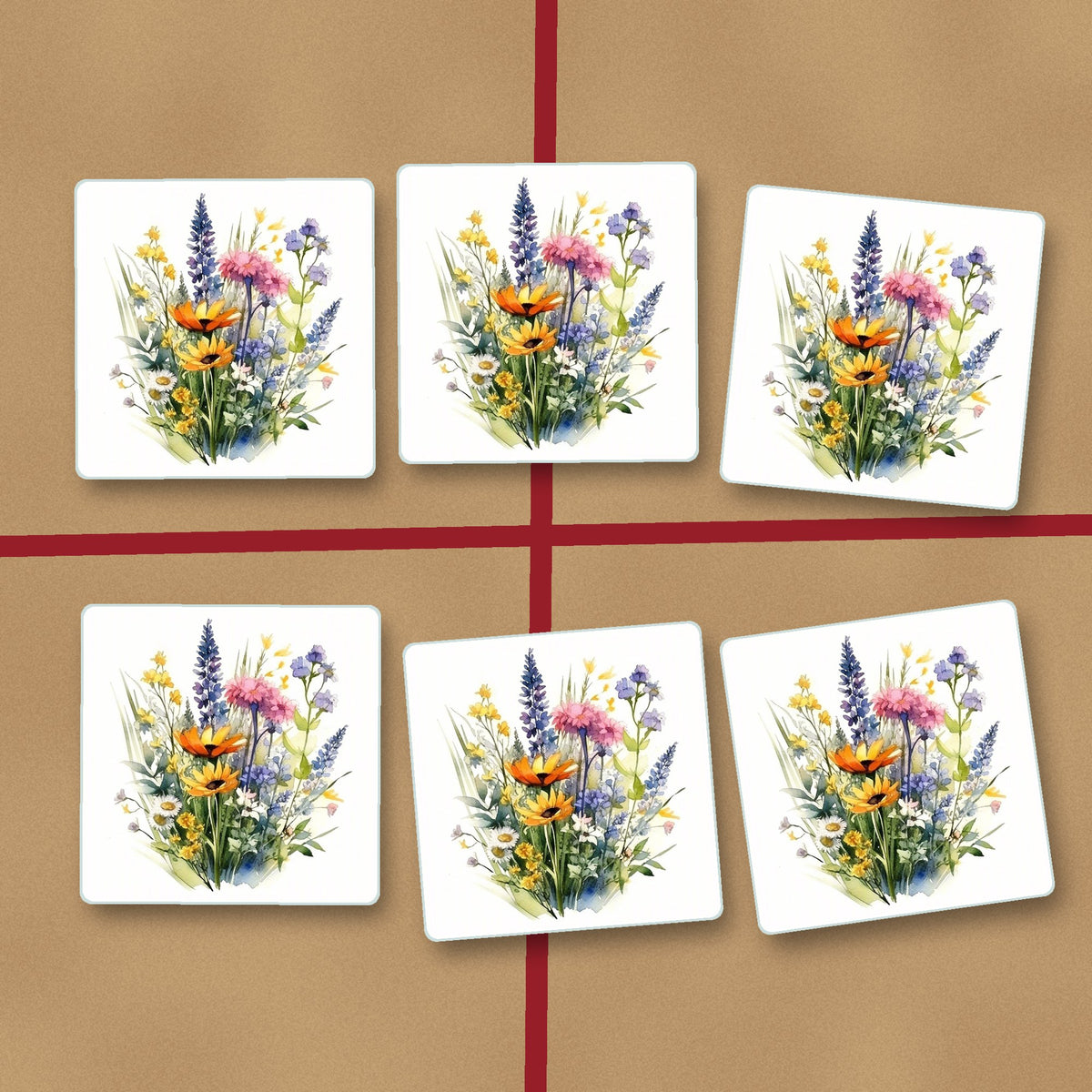 Watercolour Wildflower Posy square glass coasters on kraft gift wrap