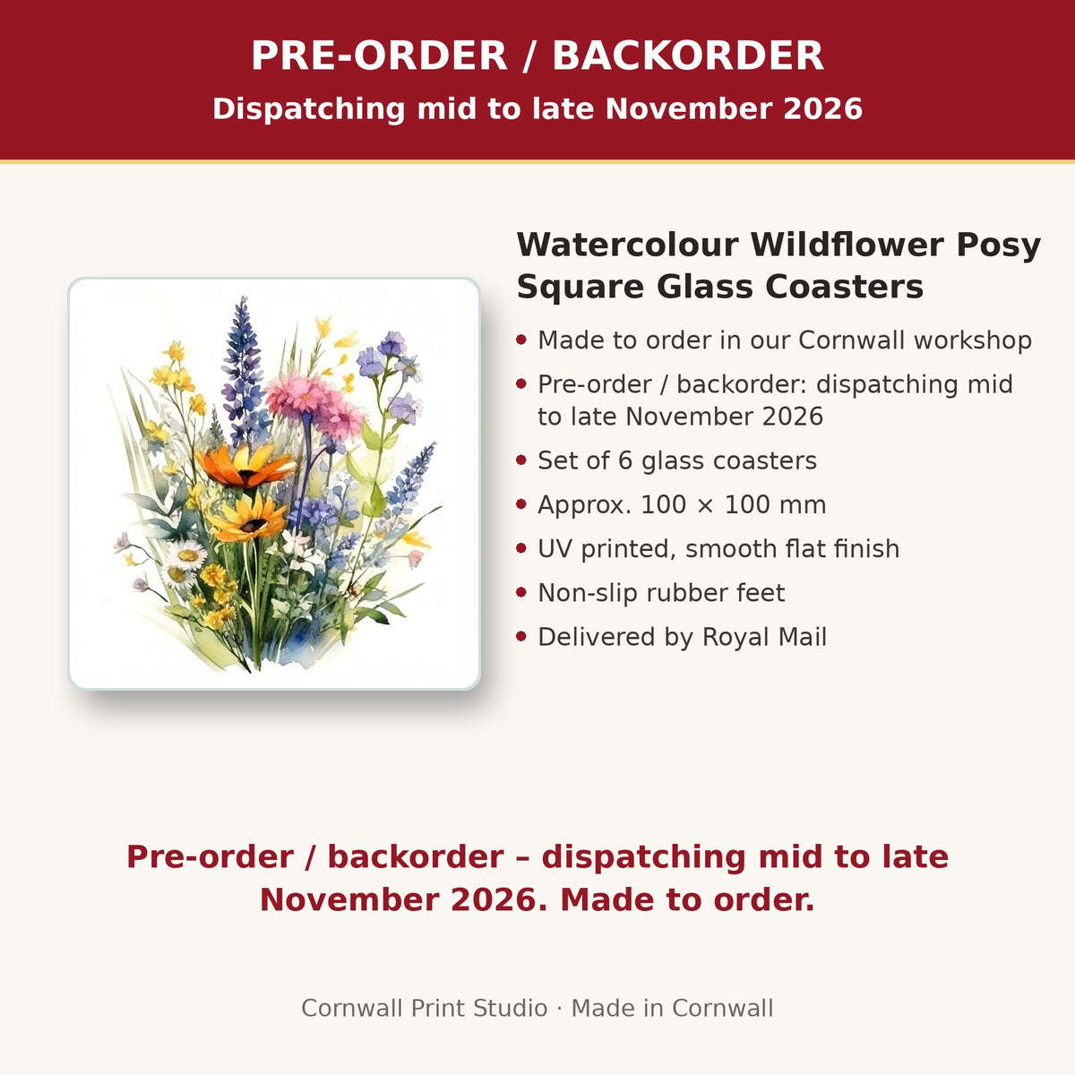 Info card: Watercolour Wildflower Posy Square Glass Coasters – Set of 6, made to order, dispatching mid to late November 2026, delivered by Royal Mail