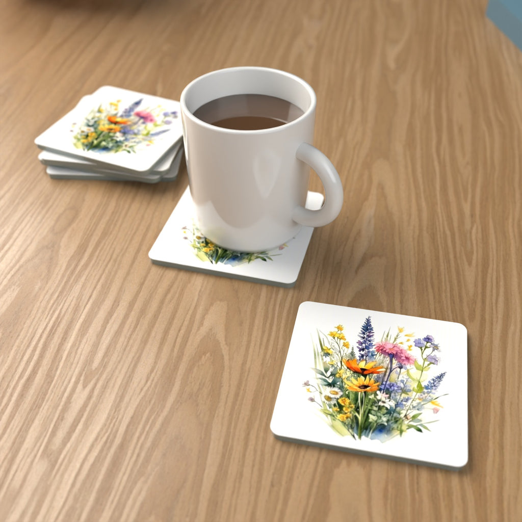 Watercolour Wildflower Posy Square Glass Coasters – Set of 6 – lifestyle mockup with a mug of coffee