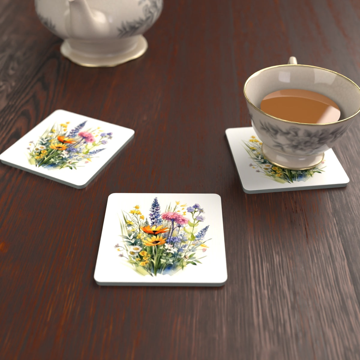 Watercolour Wildflower Posy Square Glass Coasters – Set of 6 – lifestyle mockup with a teacup
