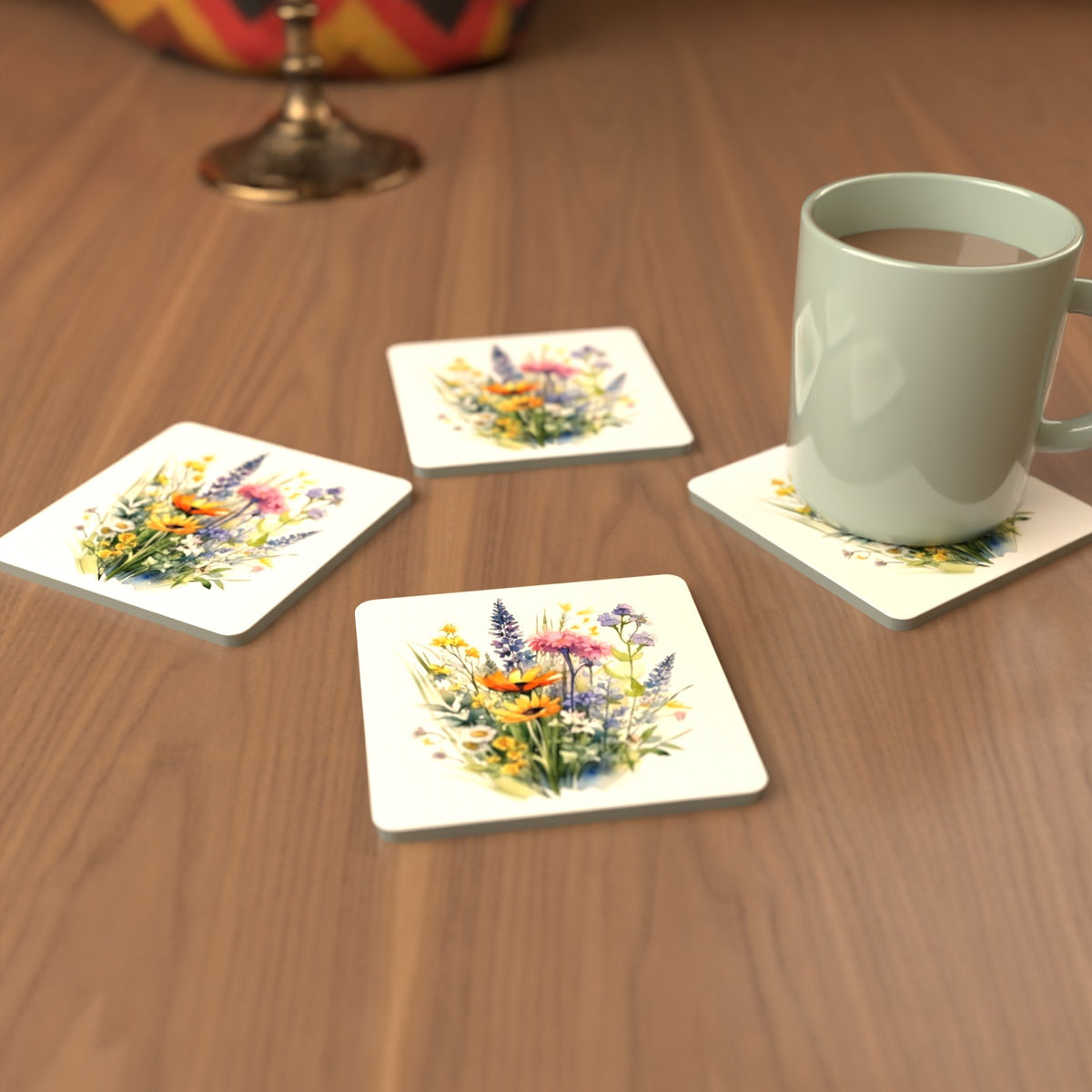 Watercolour Wildflower Posy Square Glass Coasters – Set of 6 – cosy lifestyle mockup