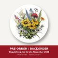 Sunflower Bouquet with Blue Spires round ceramic coaster set of 6 – pre-order / backorder, dispatching mid to late November 2026