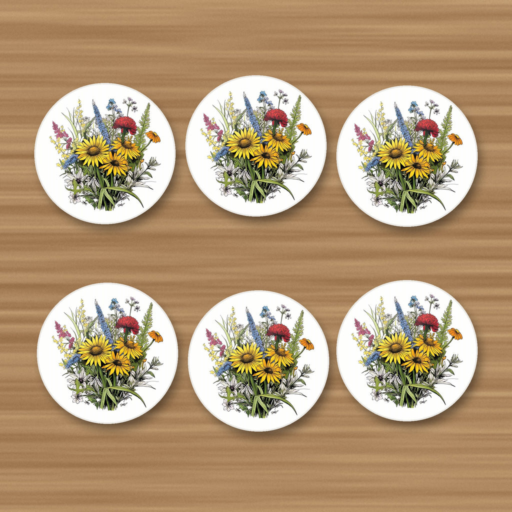 Sunflower Bouquet with Blue Spires round ceramic coasters, set of 6, on an oak coffee table