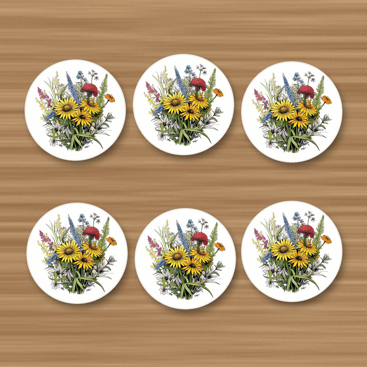 Sunflower Bouquet with Blue Spires round ceramic coasters, set of 6, on an oak coffee table