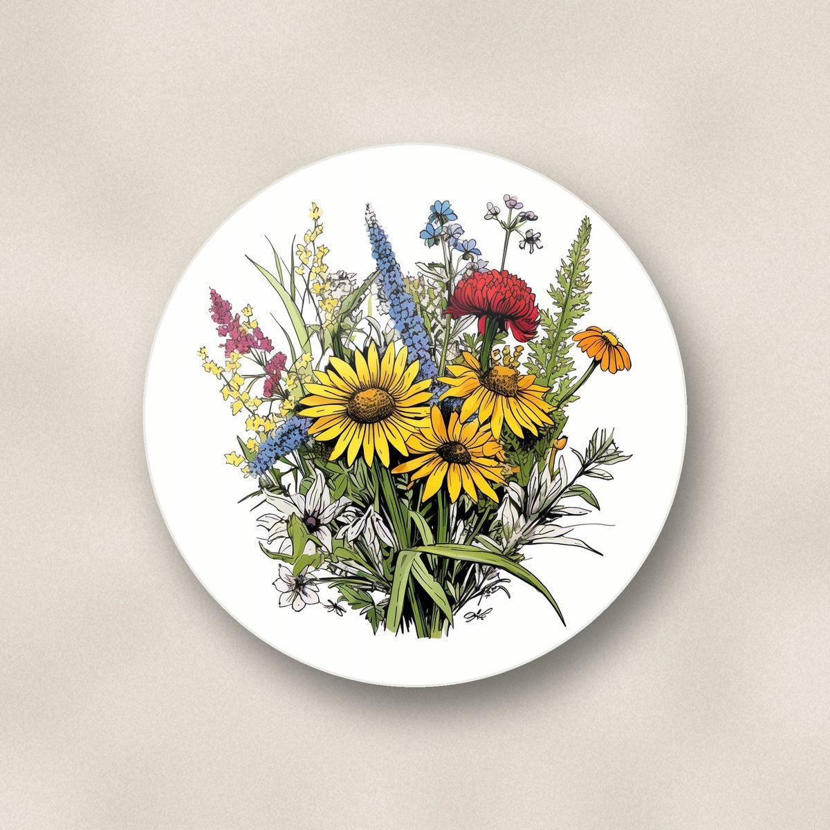 Close-up of one sunflower bouquet with blue spires round ceramic coaster, flat UV print
