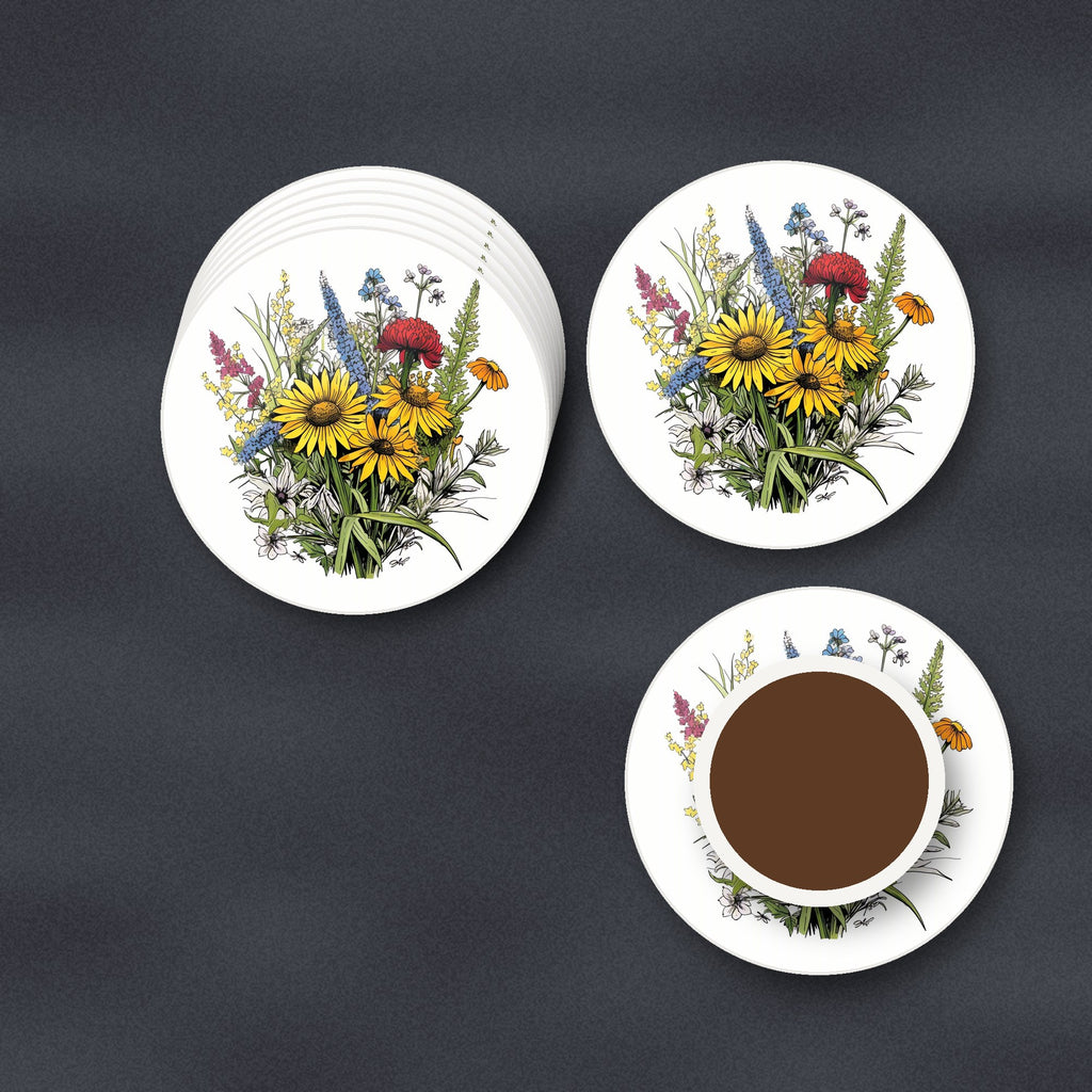 Sunflower Bouquet with Blue Spires round ceramic coasters stacked on a slate kitchen worktop