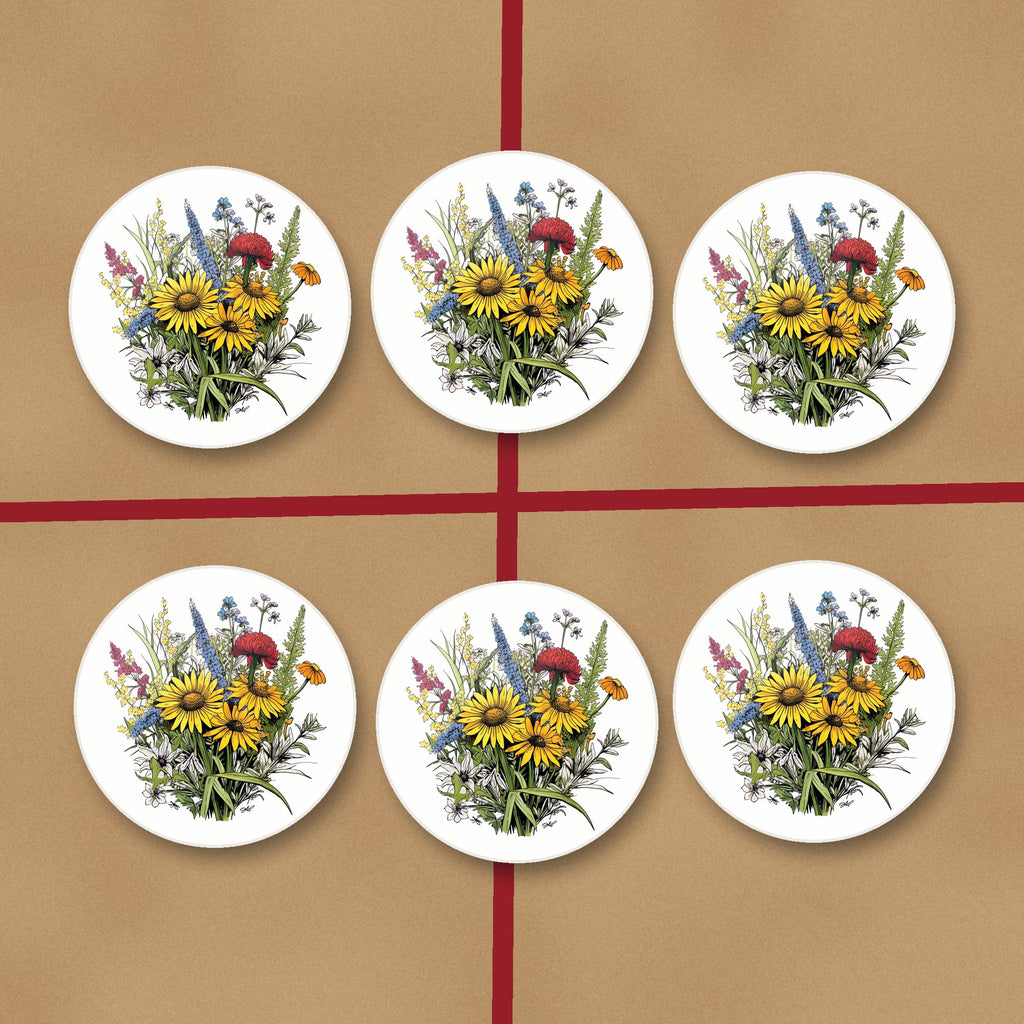 Sunflower Bouquet with Blue Spires round ceramic coasters on kraft gift wrap