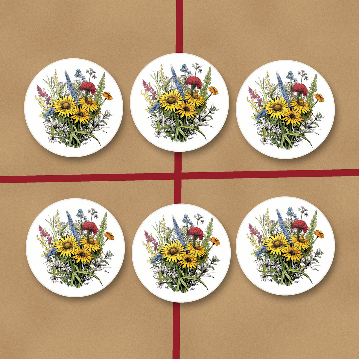 Sunflower Bouquet with Blue Spires round ceramic coasters on kraft gift wrap