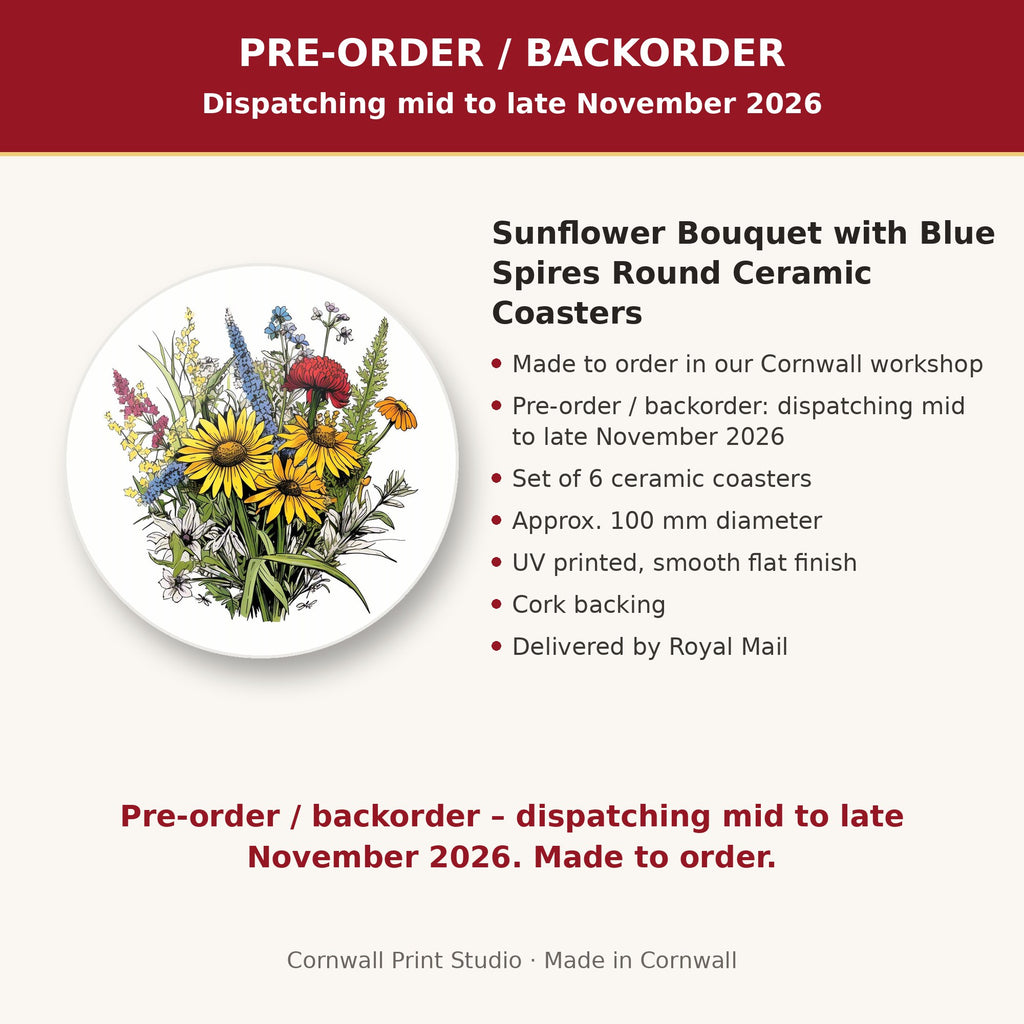 Info card: Sunflower Bouquet with Blue Spires Round Ceramic Coasters – Set of 6, made to order, dispatching mid to late November 2026, delivered by Royal Mail