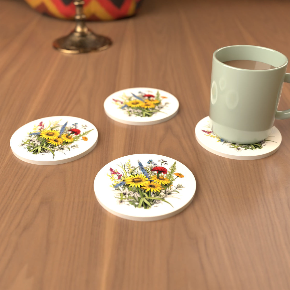Sunflower Bouquet with Blue Spires Round Ceramic Coasters – Set of 6 – cosy lifestyle mockup