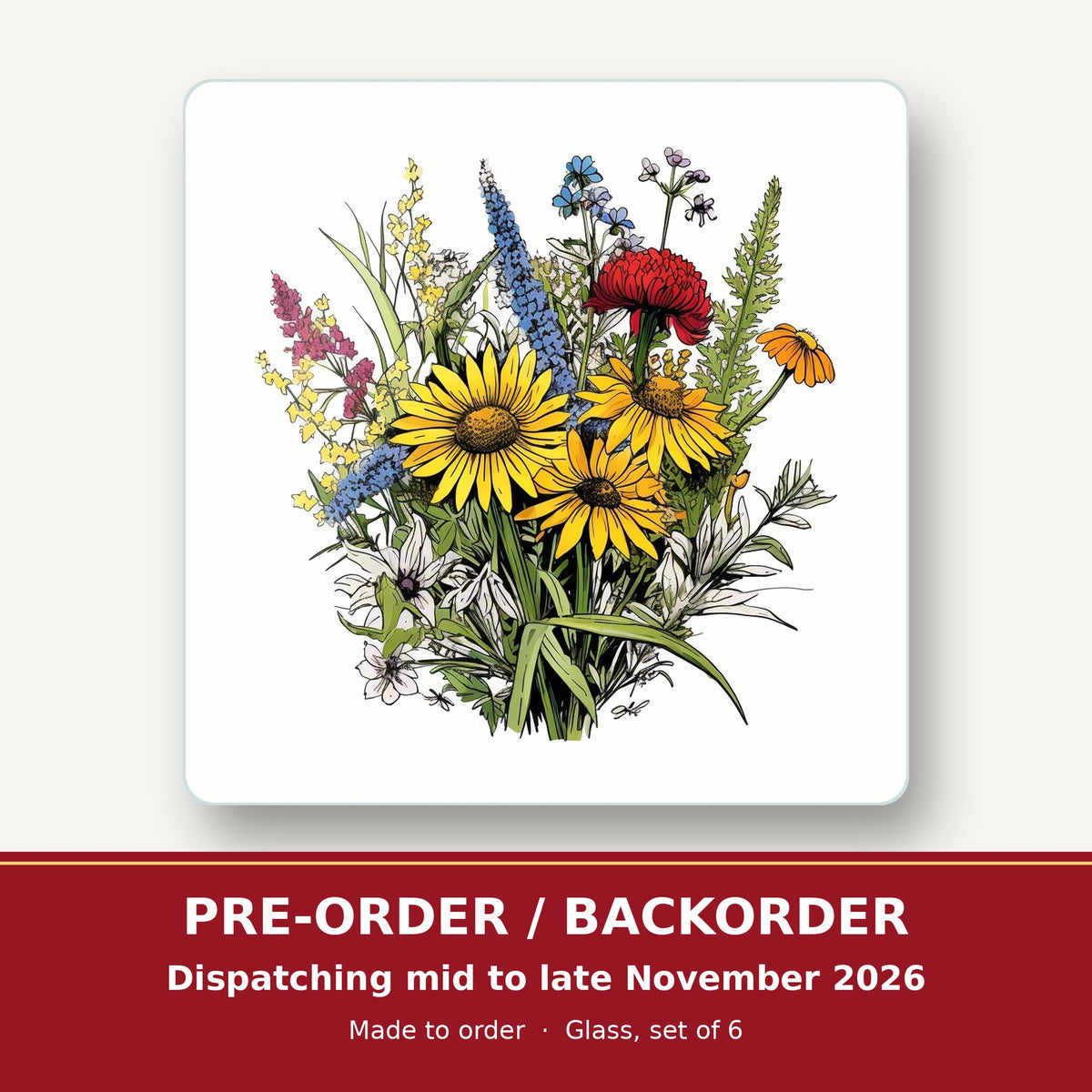 Sunflower Bouquet with Blue Spires square glass coaster set of 6 – pre-order / backorder, dispatching mid to late November 2026