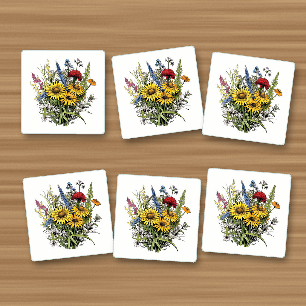 Sunflower Bouquet with Blue Spires square glass coasters, set of 6, on an oak coffee table