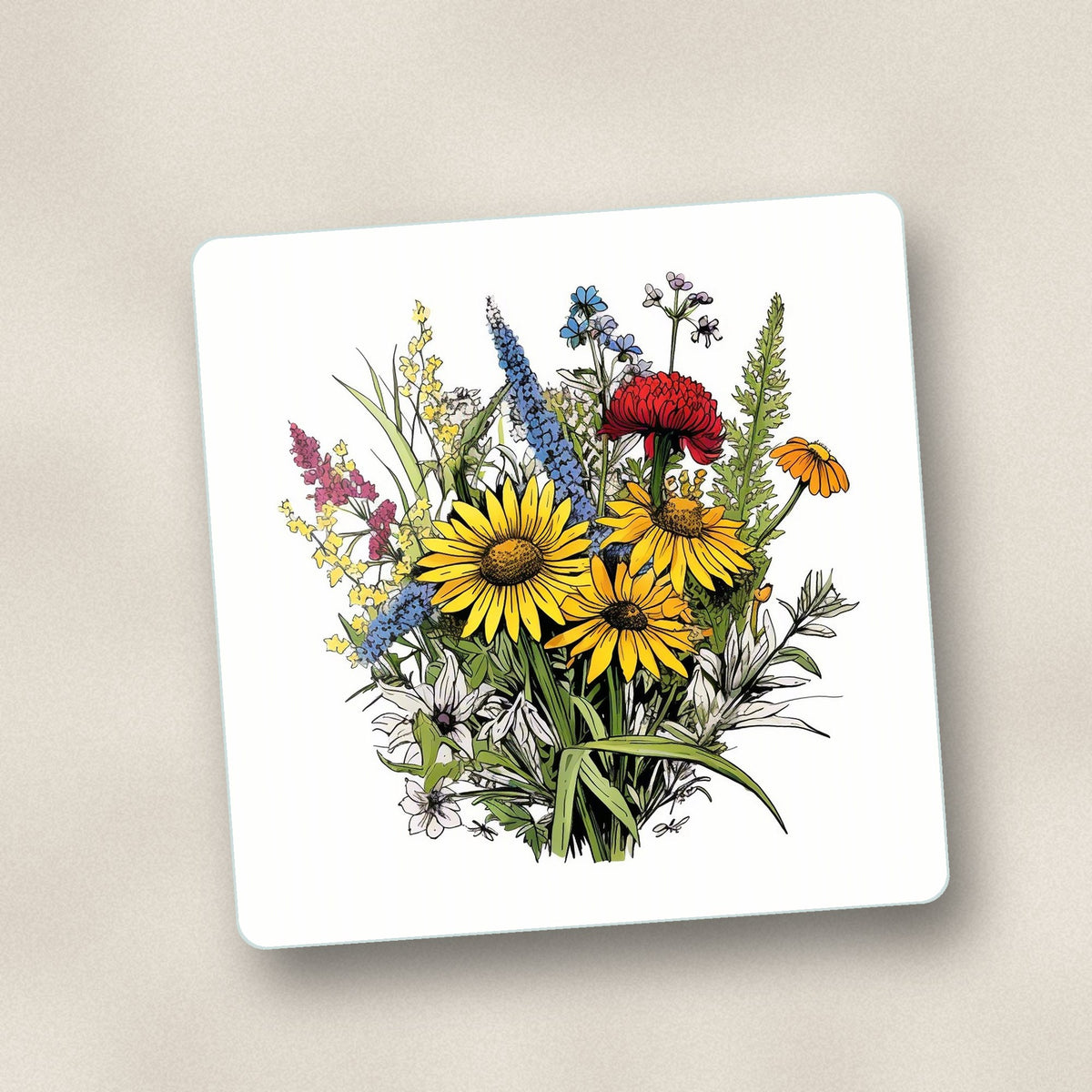 Close-up of one sunflower bouquet with blue spires square glass coaster, flat UV print