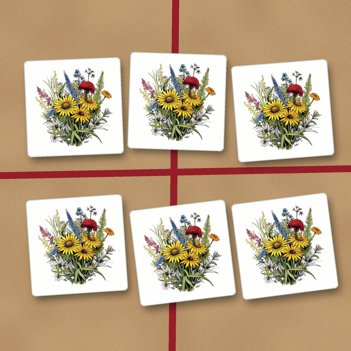Sunflower Bouquet with Blue Spires square glass coasters on kraft gift wrap