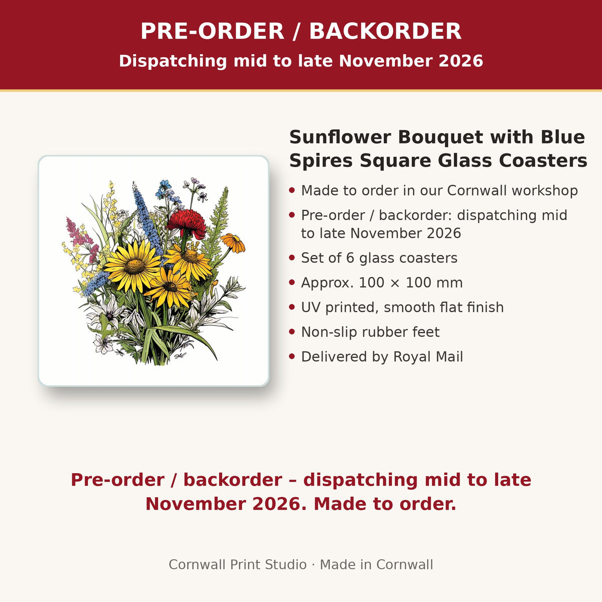 Info card: Sunflower Bouquet with Blue Spires Square Glass Coasters – Set of 6, made to order, dispatching mid to late November 2026, delivered by Royal Mail