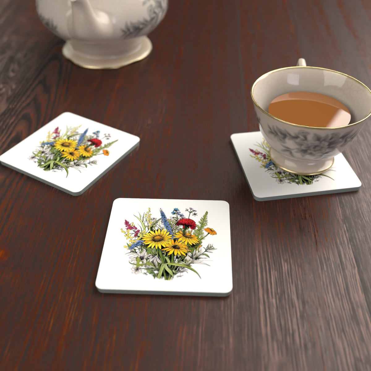Sunflower Bouquet with Blue Spires Square Glass Coasters – Set of 6 – lifestyle mockup with a teacup