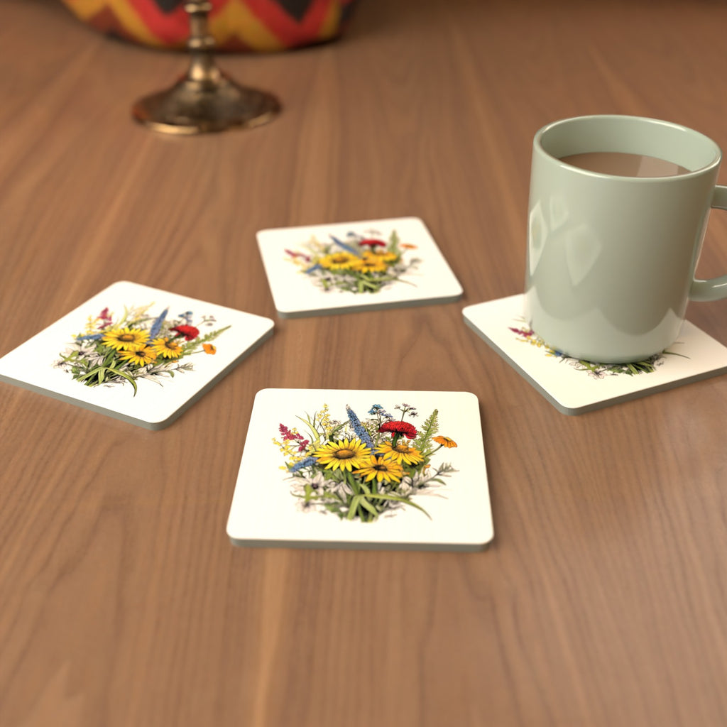 Sunflower Bouquet with Blue Spires Square Glass Coasters – Set of 6 – cosy lifestyle mockup