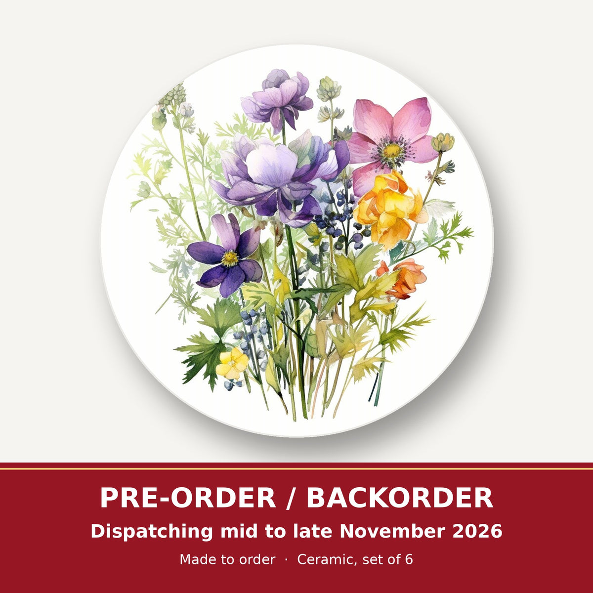 Purple & Pink Wildflower Bouquet round ceramic coaster set of 6 – pre-order / backorder, dispatching mid to late November 2026