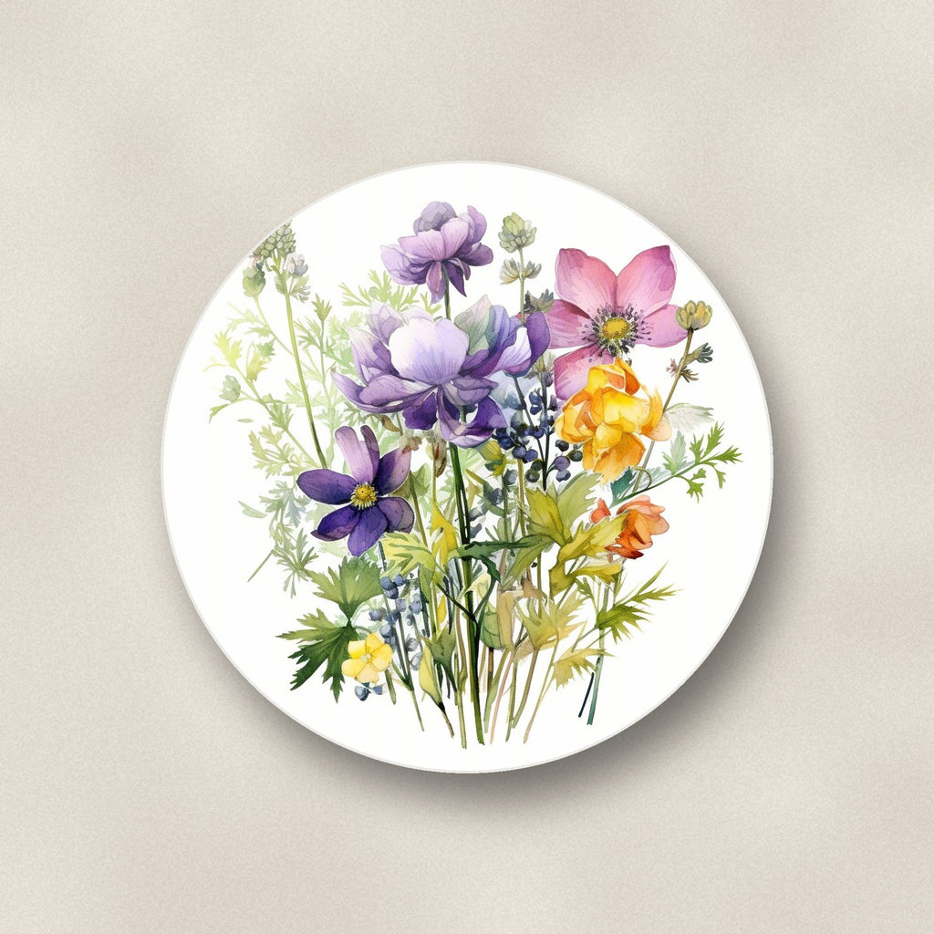 Close-up of one purple & pink wildflower bouquet round ceramic coaster, flat UV print