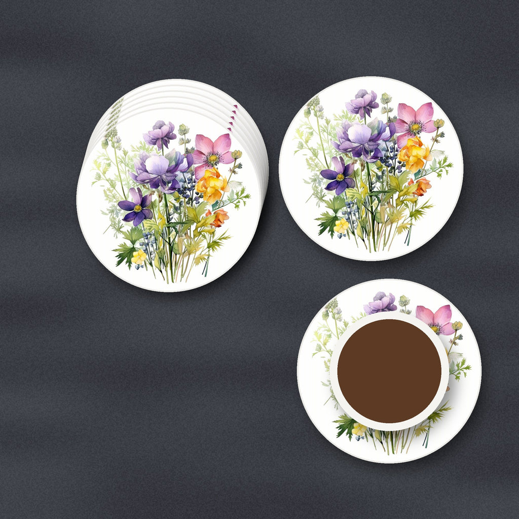 Purple & Pink Wildflower Bouquet round ceramic coasters stacked on a slate kitchen worktop