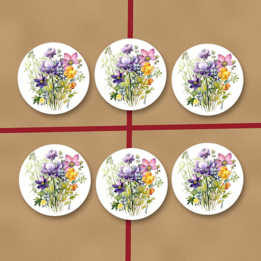 Purple & Pink Wildflower Bouquet round ceramic coasters on kraft gift wrap