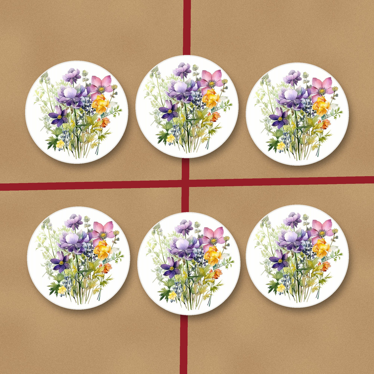Purple & Pink Wildflower Bouquet round ceramic coasters on kraft gift wrap