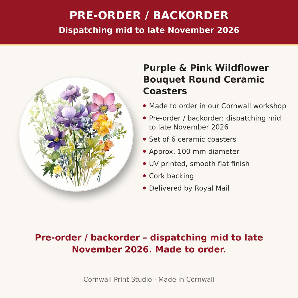 Info card: Purple & Pink Wildflower Bouquet Round Ceramic Coasters – Set of 6, made to order, dispatching mid to late November 2026, delivered by Royal Mail