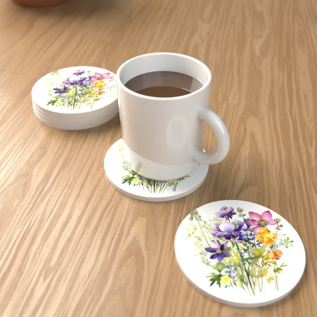 Purple & Pink Wildflower Bouquet Round Ceramic Coasters – Set of 6 – lifestyle mockup with a mug of coffee