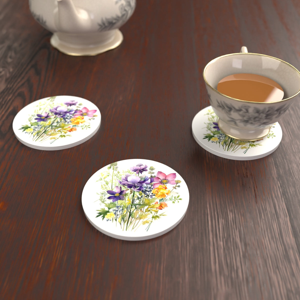 Purple & Pink Wildflower Bouquet Round Ceramic Coasters – Set of 6 – lifestyle mockup with a teacup